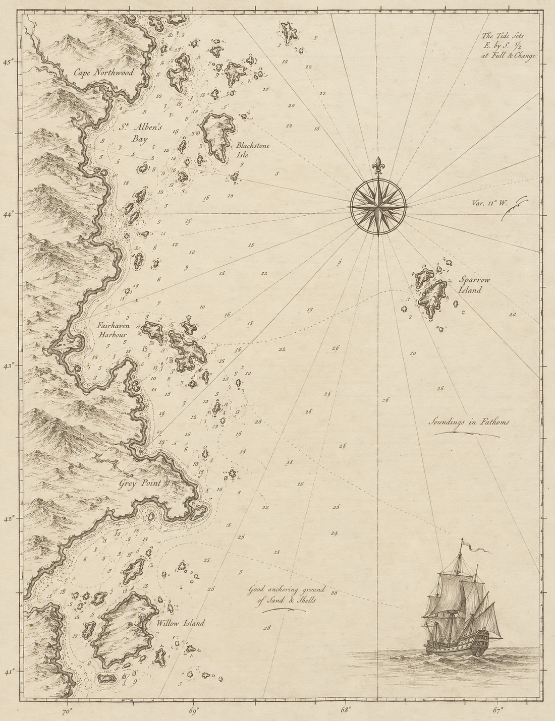 Decorative antique nautical chart with a sailing ship, fine coastlines, and a compass rose