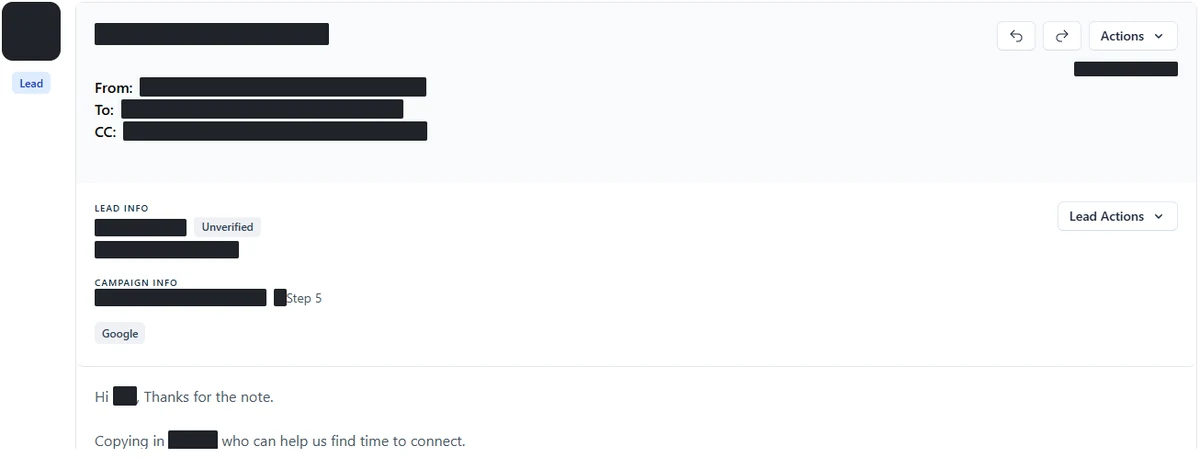 Anonymised reply screenshot: Thanks for the note... who can help us find time to connect. Identifying details are blocked out.