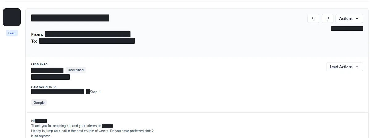 Anonymised reply screenshot: Happy to jump on a call in the next couple of weeks. Do you have preferred slots? Identifying details are blocked out.