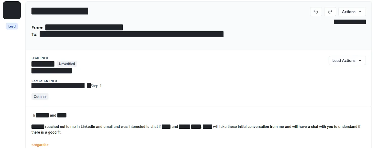 Anonymised reply screenshot: ...will take these initial conversation from me and will have a chat with you to understand if there is a good fit. Identifying details are blocked out.