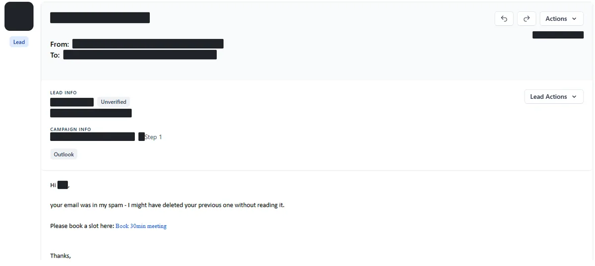 Anonymised reply screenshot: your email was in my spam... Please book a slot here Identifying details are blocked out.